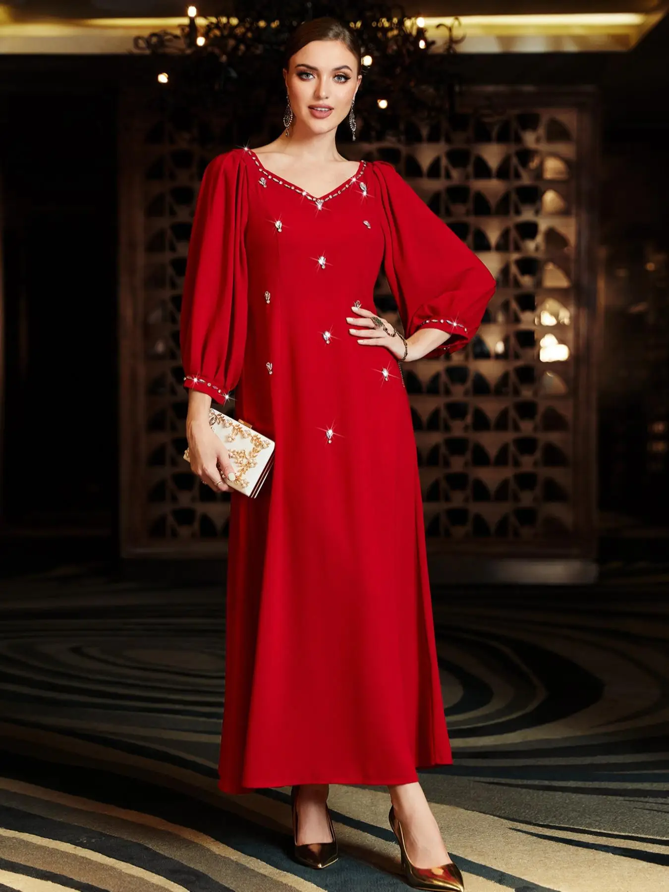 Women's Plain Rhinestones Decor Sweetheart Neck Bishop Sleeve Arabian Dress, Elegant Long A-Line Muslim Dress For Party Wedding Guest, Valentine's Day