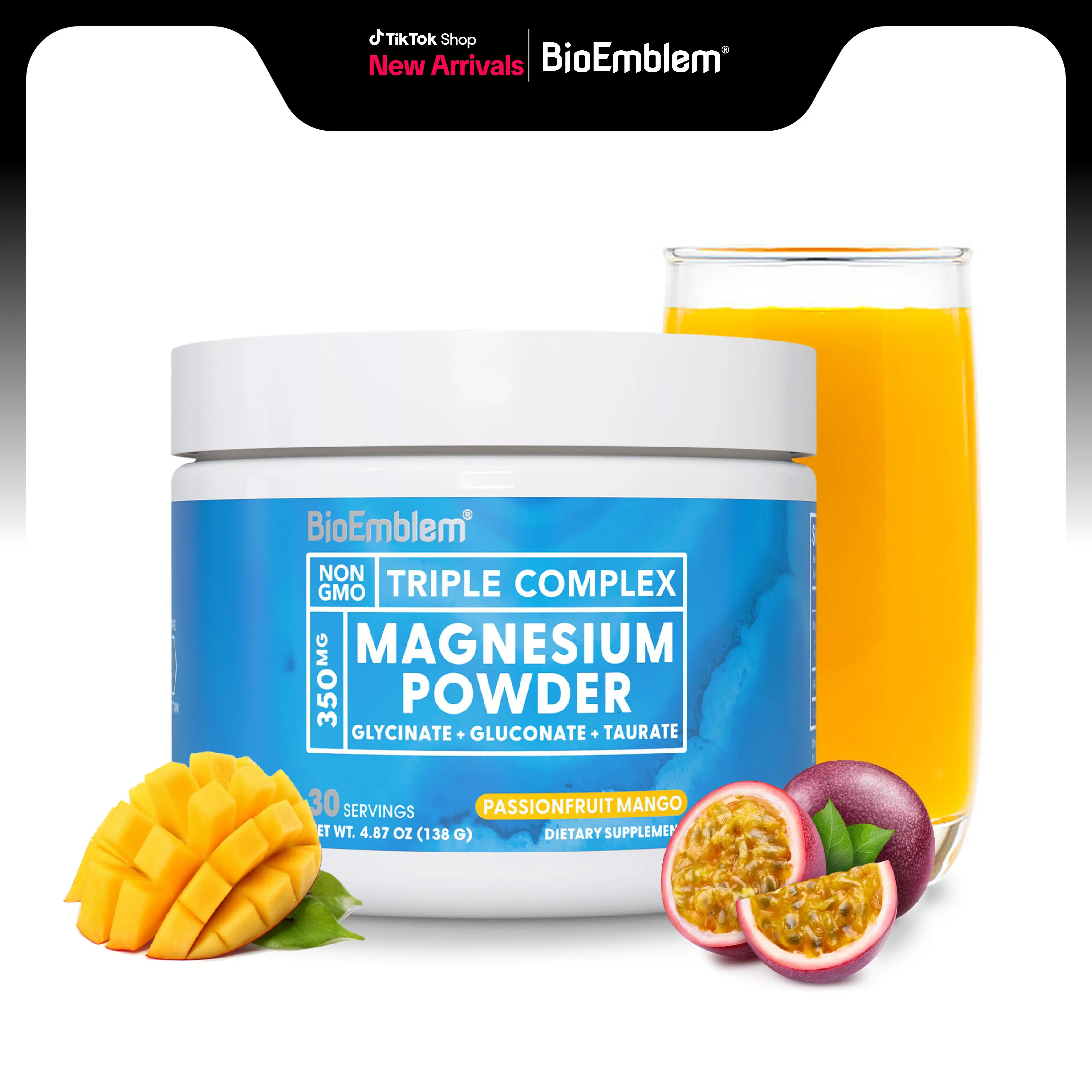 BioEmblem Triple Magnesium Calm Powder Drink - Magnesium Glycinate, Gluconate, Taurate & GABA for Sleep, Calm, Muscle & Nerve Support - Passionfruit M