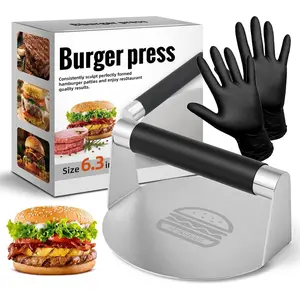 304 Stainless Steel Smash Burger Press with Heat-Resistant Gloves for Burger Lovers: Prevent From Getting Burned - 6.3 Inches Non Stick Hamburger Smasher Tool for BBQs and Cookouts - Dishwasher Safe