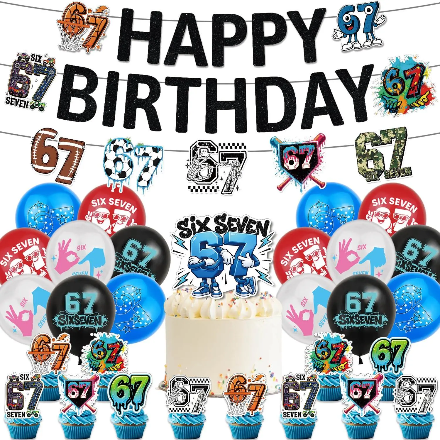 6 7 Birthday Decorations, 67 Meme Themed Birthday Party Decorations Set Includes Banner, Cake Topper, Cupcake Toppers, Ballons