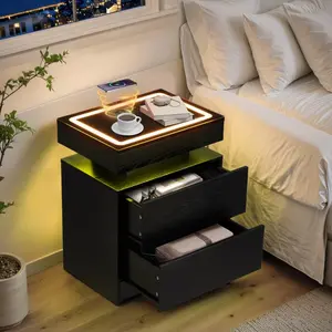 Modern LED Nightstand with Charging Station, Floating Bedside Table with Drawers, USB & Type-C Ports, RGB Lights, Black