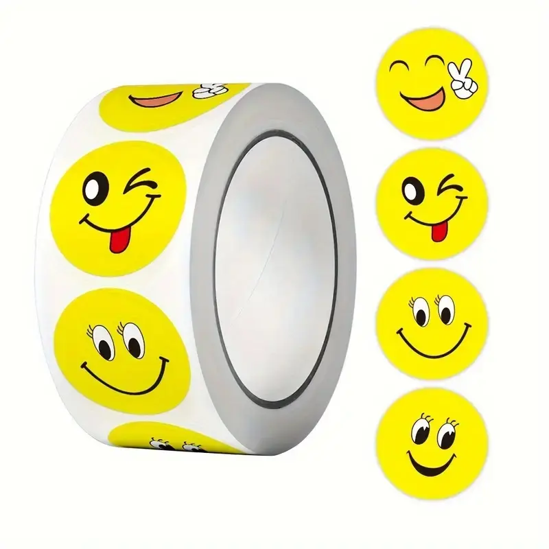 500 Cartoon Happy Face Emoji Decorative Stickers, 1 Inch Round Paper Self-Adhesive, Reusable with Glitter Decorations, Ideal for Sealing, Festive & Gift Wrapping