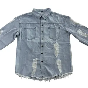 WIRDATRD Men's Ripped Denim Shirt Jacket Raw Trim Dual Pocket Distressed Button Down Jean Coat for Fall Winter Casual Streetwear Menswear