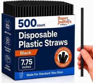 7.75" Plastic Straws (500 Count), Disposable Straws - Made For Standard 16oz Glass (Black)