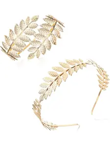 Greek Goddess Accessories Gold Plated Leaf Headband Arm Cuff Set Adjustable Toga Halloween Costume Jewelry Crown Armlet for Women Party Wedding