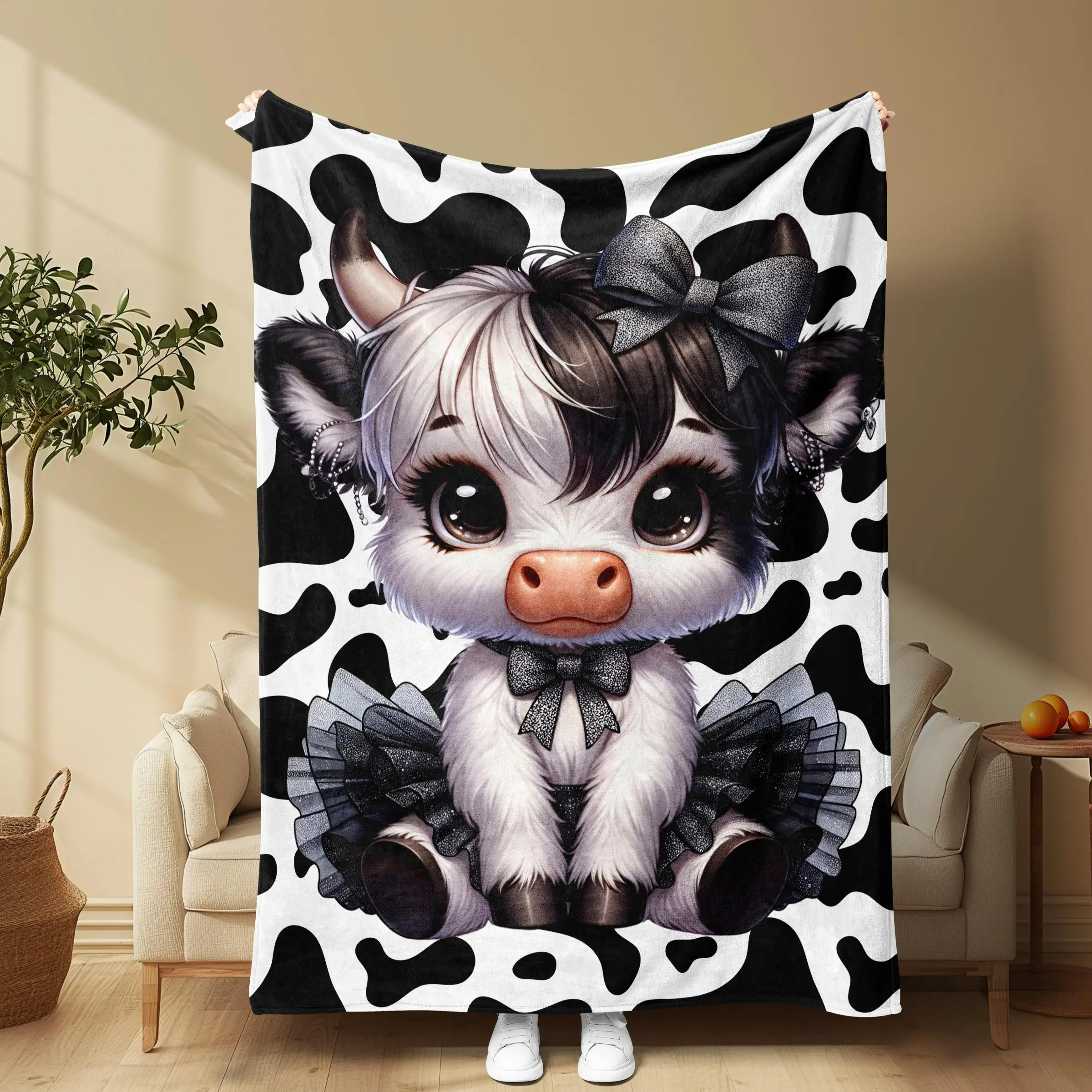 Cute Cow Pattern Warm Nap Blanket, 1/2 Counts Soft Polyester Design Throw Blanket, Air-conditioned Room Blanket for Home & Office, Halloween Decor