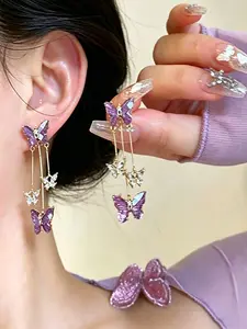 Purple & Red Butterfly Drop Earrings, Party Earrings, Long Tassel Fairy Dangles with CZ Accents, Crystal butterfly design, perfect for date nights, parties, weddings, or adding a dreamy touch to any outfit, They also make a gift for friends