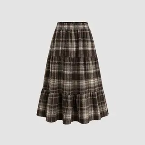 Cider [2 colors, size 2-26] Woven High Rise Check Ruffle Tiered Maxi Skirt