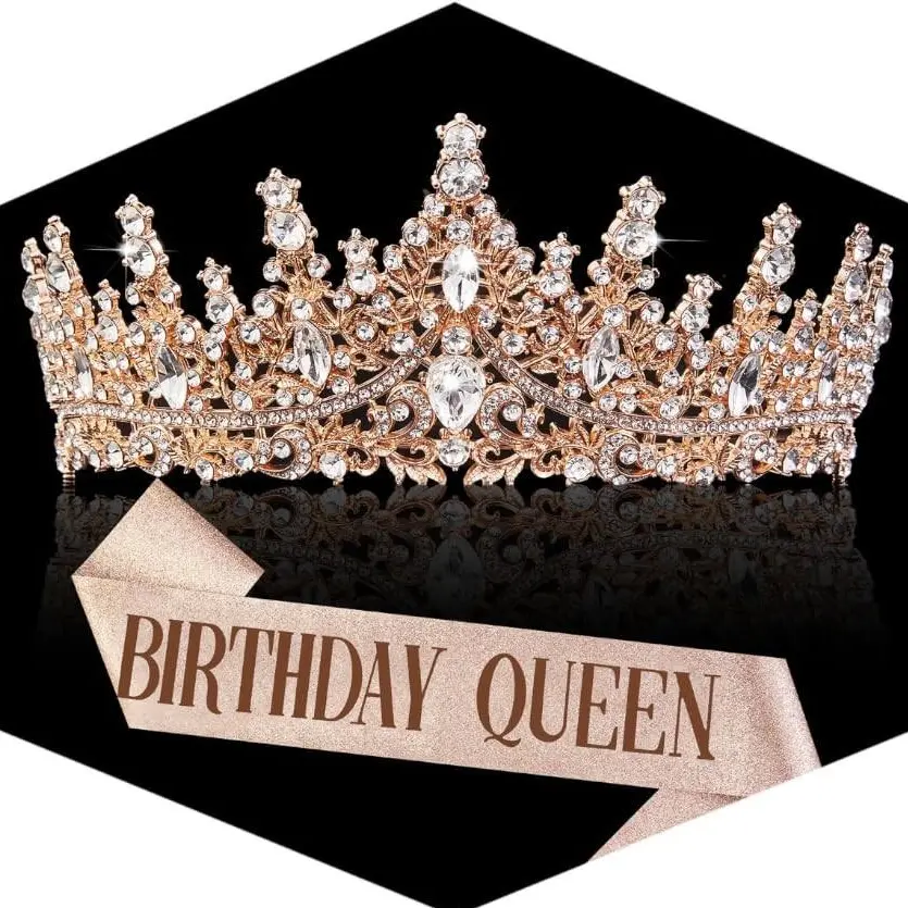 Gold Crown for Women – Crystal Princess Tiara & Birthday Queen Sash Set, Sparkling Rhinestone Queen Headband for Weddings, Proms, Pageants, Birthdays & Party Photo Props