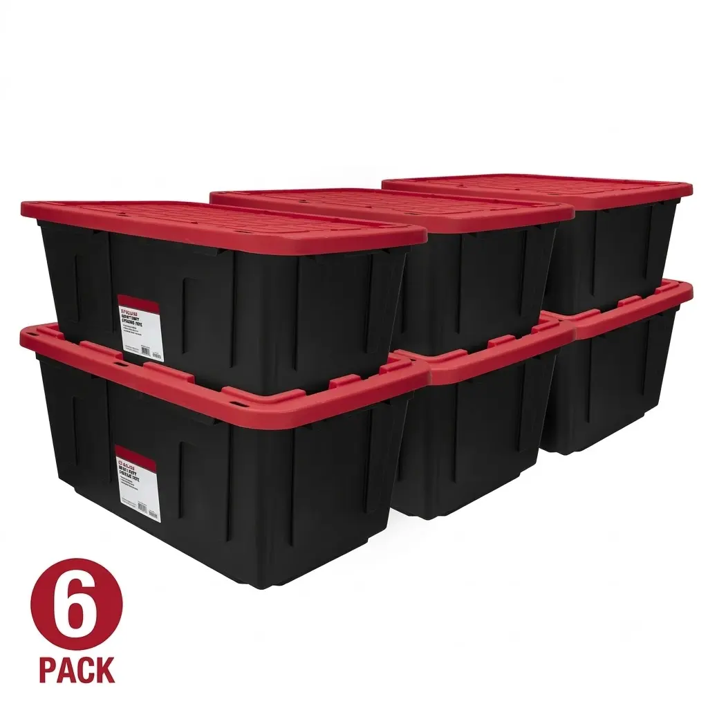 6-Pack Heavy-Duty Plastic Storage Bins, 27 Gal Large Containers with Snap Lids, Black and Red Home Organizers.