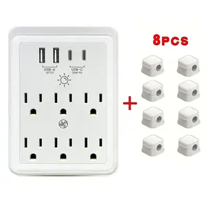 Travel power board, multi socket wall charging, surge protector, 1-sided power supply, 6 power sockets with night lights, 4 USB ports (2 USB C) socket expanders, equipped with 8 USB cable fixing kits 9  in Surge Protector with USB Wall Charger flat  outle