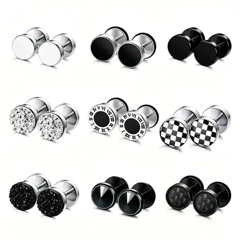 9 Pairs Unisex Hypoallergenic Stainless Steel Fake Gauge Earrings, Anti-Tarnish 316L Surgical Steel Stud Earrings with Screw Backs, Safe for Sensitive Ears, Multiple Styles, Ideal Gift for Him or Her, Jewellery
