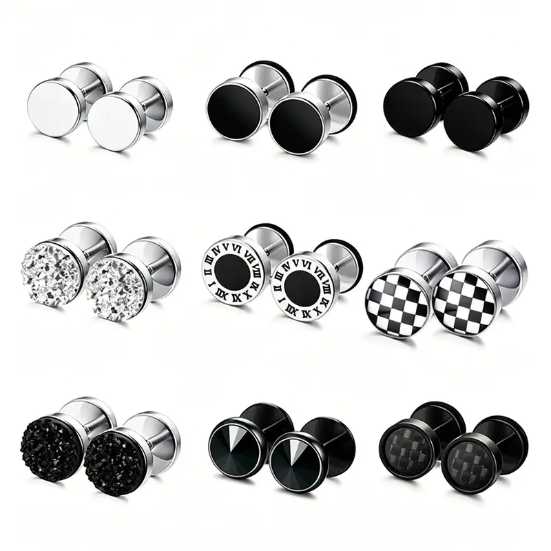 9 Pairs Unisex Hypoallergenic Stainless Steel Fake Gauge Earrings, Anti-Tarnish 316L Surgical Steel Stud Earrings with Screw Backs, Safe for Sensitive Ears, Multiple Styles, Ideal Gift for Him or Her, Jewellery