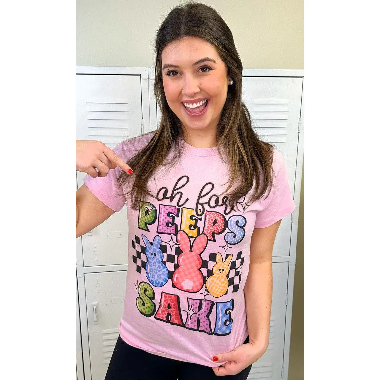 Tees2urdoor Women's Light Cotton Fitted Shortsleeve Round Neck Checkered Graphic Tshirt - "Oh For Peeps Sake" Easter Print, Casual Comfortable Romance Streetwear Top (Cold Wash Safe)