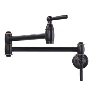 WOWOW Oil Rubbed Bronze Wall Mount Pot Filler Faucet, Solid Brass Space Saver Folding Tap with 2 Handles, Dual-Arms Swing Kitchen Stove Fixture