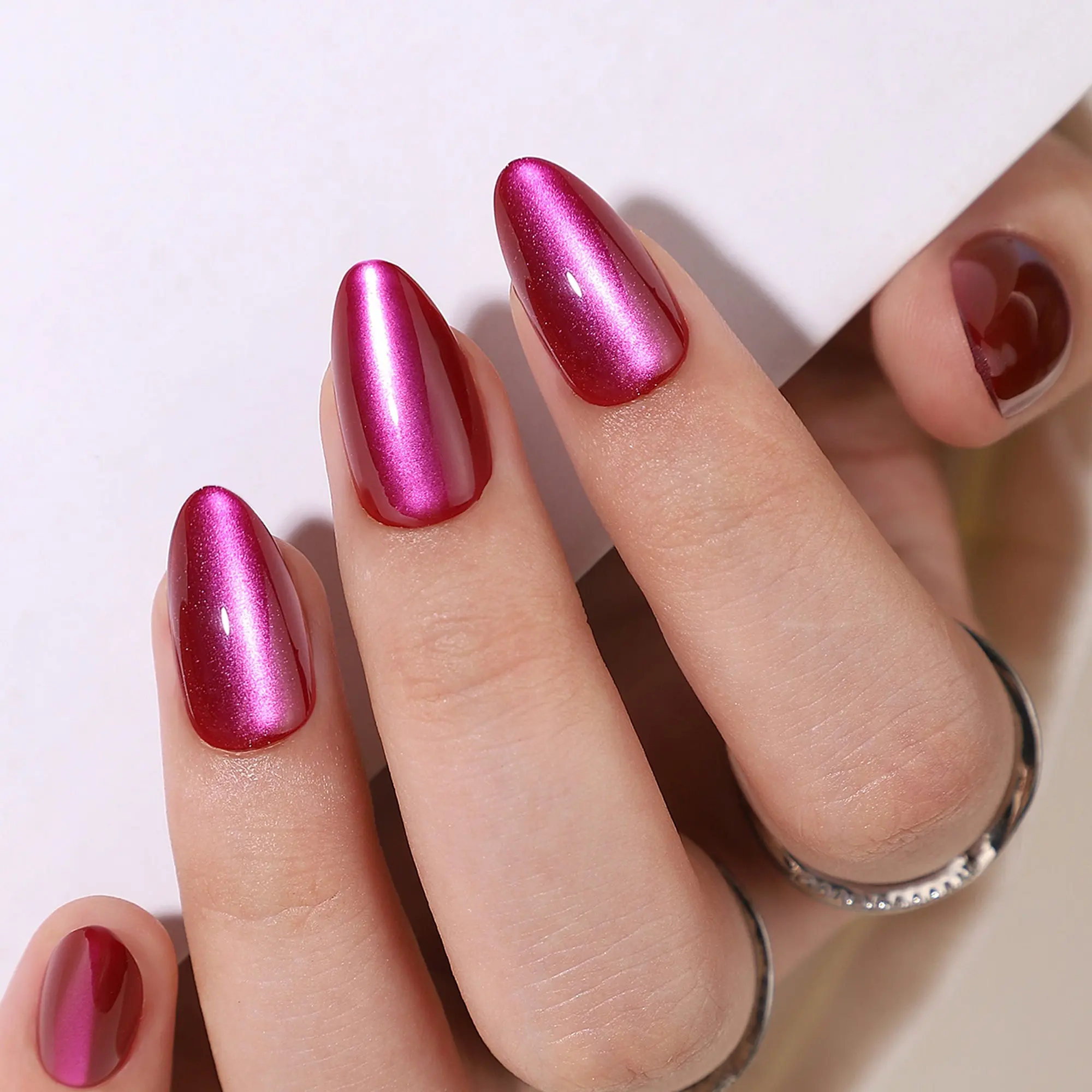 Curvlife medium almond striped Press On Nails purple glossy shiny cat eye Easy Apply Nail Art