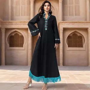 Arabic Clothing,Women's Arabian Dress,Black blue tassel beaded long dress, ethnic style dress,Muslim Women Gowns,