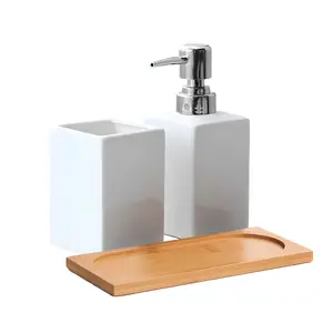 White Soap Dispenser Ceramic 3-in-1 Bathroom Set with Bamboo Tray | Toothbrush Holder & Organiser | Elegant Reusable Bottle for Shampoo & Body Wash