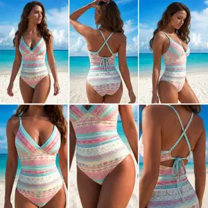 Women’s Printed 1-Piece Swimsuit - V-Neck, Cross Back, Tummy Support Swimwear for Beach, Pool