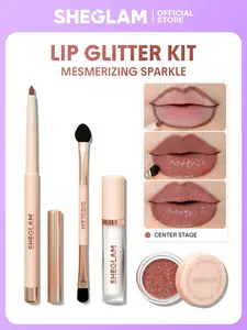 SHEGLAM 4PCS Lip Dazzler Glitter Kit Long Lasting Lip Gloss Set Lip Brush Lip Liners Pengilat Bibir Cosmetic Gift Set