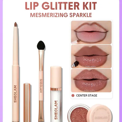 SHEGLAM Center Stage 4pcs Dazzling Kit - Glossy Cosmetics Gift Set with Long-Lasting Glitter Color, Easy Apply Set for Fast Glam Moments, Women's Makeup Gift with Lip Liners & Brush