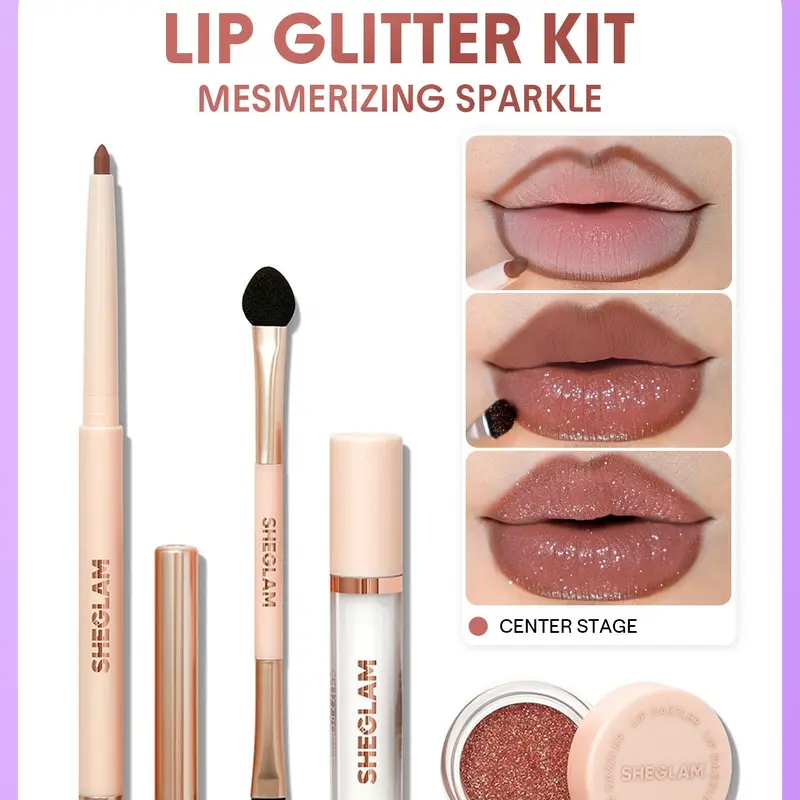 SHEGLAM Center Stage 4pcs Dazzling Kit - Glossy Cosmetics Gift Set with Long-Lasting Glitter Color, Easy Apply Set for Fast Glam Moments, Women's Makeup Gift with Lip Liners & Brush