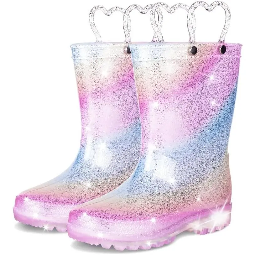 P-SOK08 Toddler Light-Up Glitter Rain Boots - Preschool Footwear, PVC, Waterproof, Easy-On Handles, Seamless Molded, for Boys & Girls Everyday Rainy Weather Use