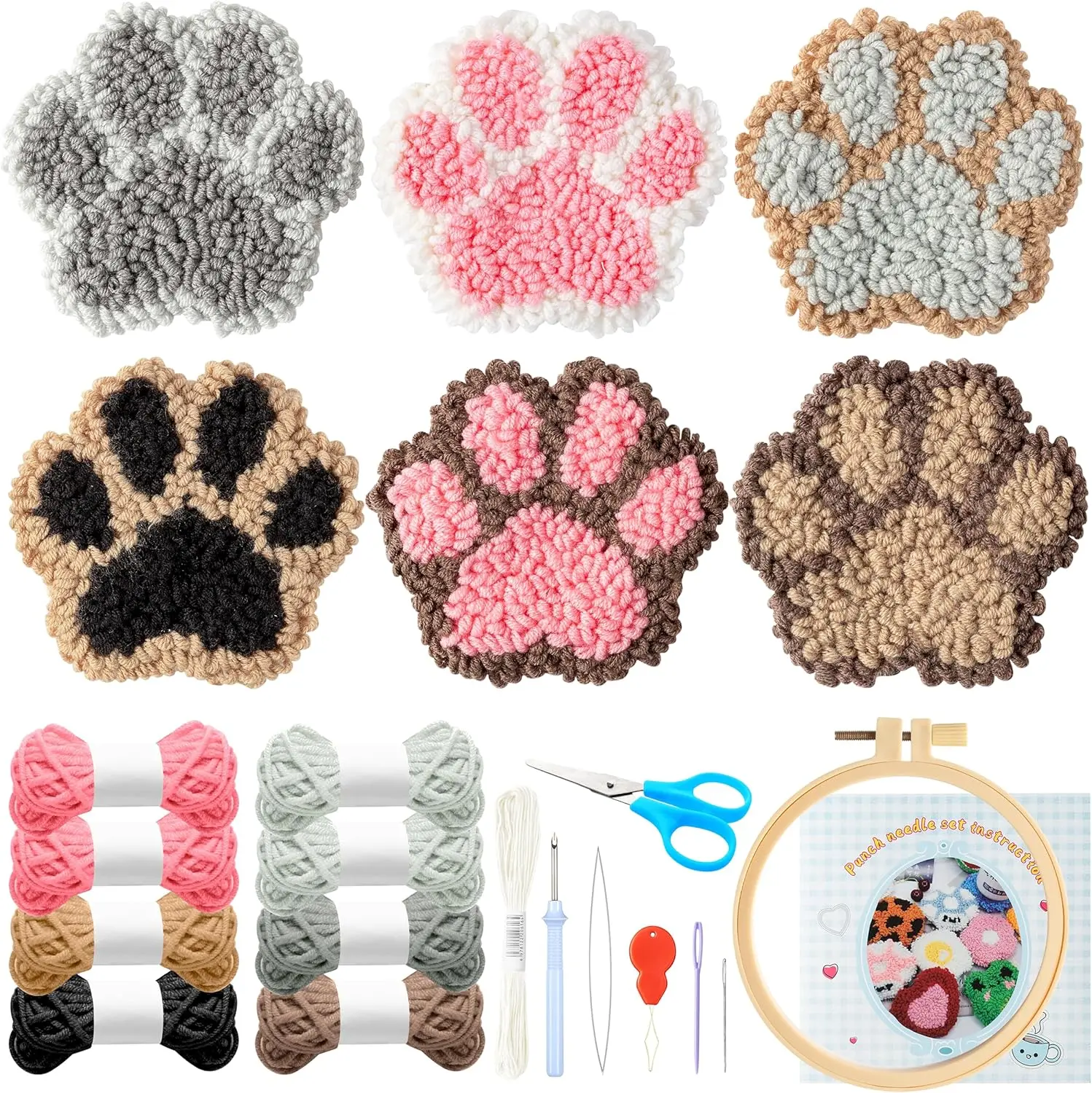 22Pcs Craft Punch Needle Coaster Kit, Easy Art Work Decor Coasters Kits for Beginners, 6 Pattern Tufted Rug Pads with Adhesive Felt Yarns Embroidery Hoop Instruction, DIY Needle Punch Craft