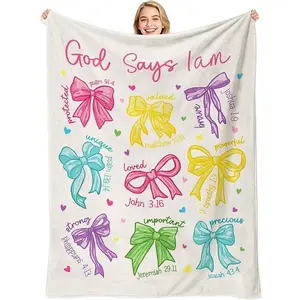 Pink Coquette Bow Christian Throw Blanket - "God Says I Am" Scripture Fleece Rug, Soft Warm Bible Verse Bedding. Religious Inspirational Gift for Teen Girl, Baptism Confirmation Present, Faith Jesus Home Decor game day girlfriend multifunctional