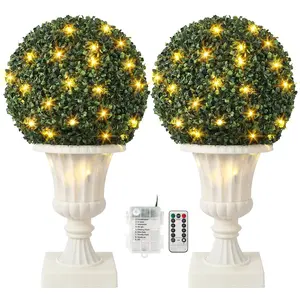 Gaomon 16 in Decorative Artificial Boxwood Leaf Topiary Ball Plant, with Timer, Remote Control, Red Pot Base, Indoor/Outdoor Porch Tree Decor