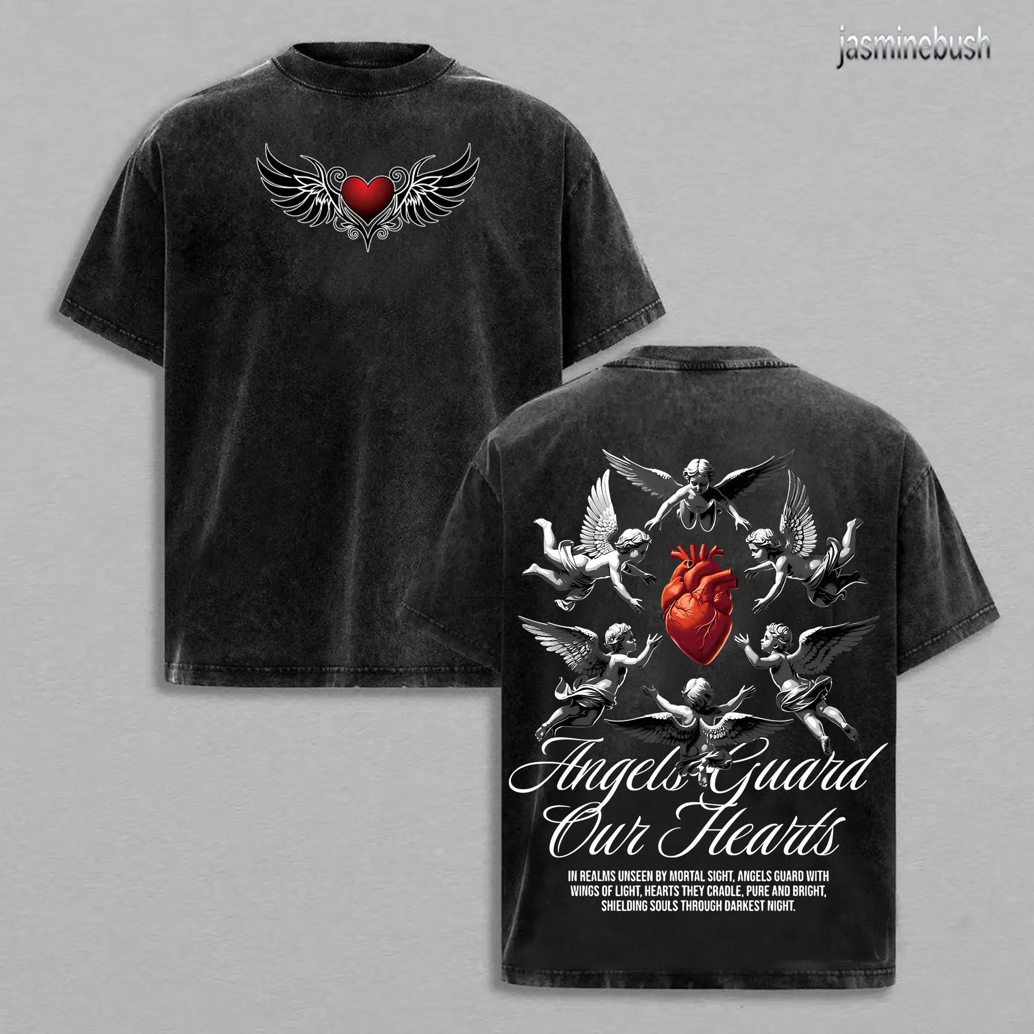 Angels Guard Our Hearts Tee | Vintage Washed Christian Oversized Shirt | Red Heart & Cphic | Faith Protection Streetwear | Divine Love Glory ThreadsJesus Apparel Christian Bible Verseherub Angel Gra