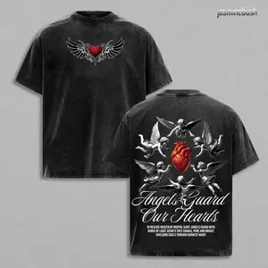 Angels Guard Our Hearts Tee | Vintage Washed Christian Oversized Shirt | Red Heart & Cphic | Faith Protection Streetwear | Divine Love Glory ThreadsJesus Apparel Christian Bible Verseherub Angel Gra