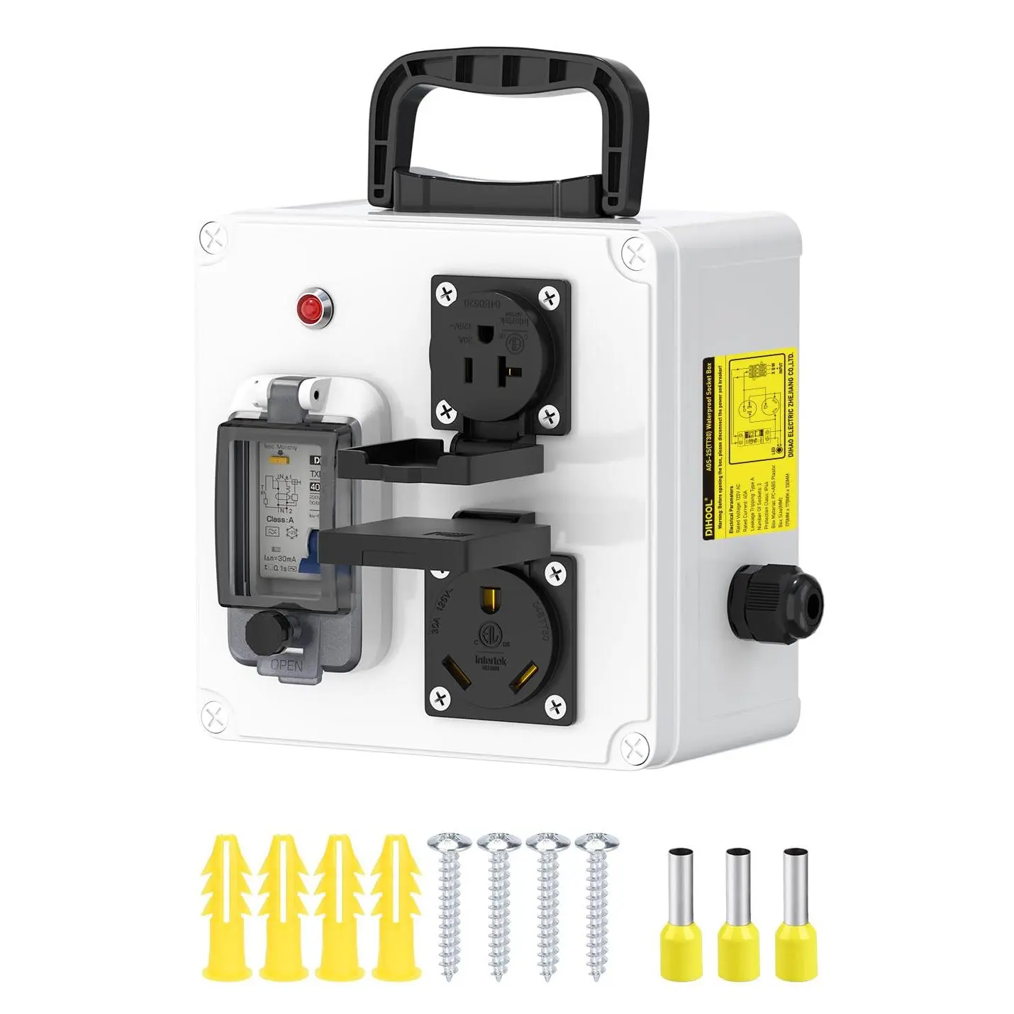 RV Outdoor Outlet Box with 30 amp NEMA TT30, 20amp L5-20 Receptacles and Type A 40 amp 30ma GFCI Circuit Breaker, Pre Wired, 125V Portarble Temporary Power Distribution Box, IP44 Waterproof