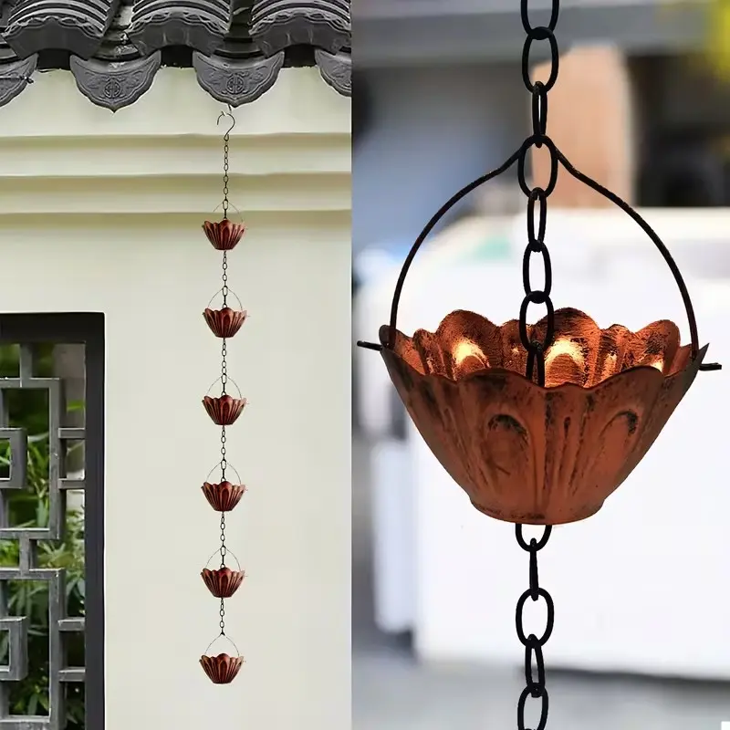 Lotus Design Metal Rain Chain, Decorative Cup-Style Water Collector, Ideal Outdoor Gutter Replacement, Unique Gift for Grandparents