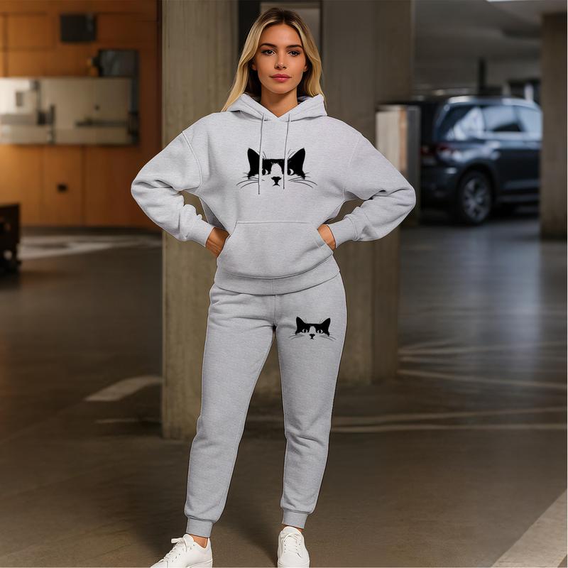 Women's Cat-Patterned Hoodie And Drawstring Track Pants Set, Casual Sportswear, Long-Sleeved Hooded Jacket And Pants, Suitable For Autumn And Winter, Everyday Wear, Indoor And Outdoor Sportswear, Sportswear Set, Casual Sportswear.