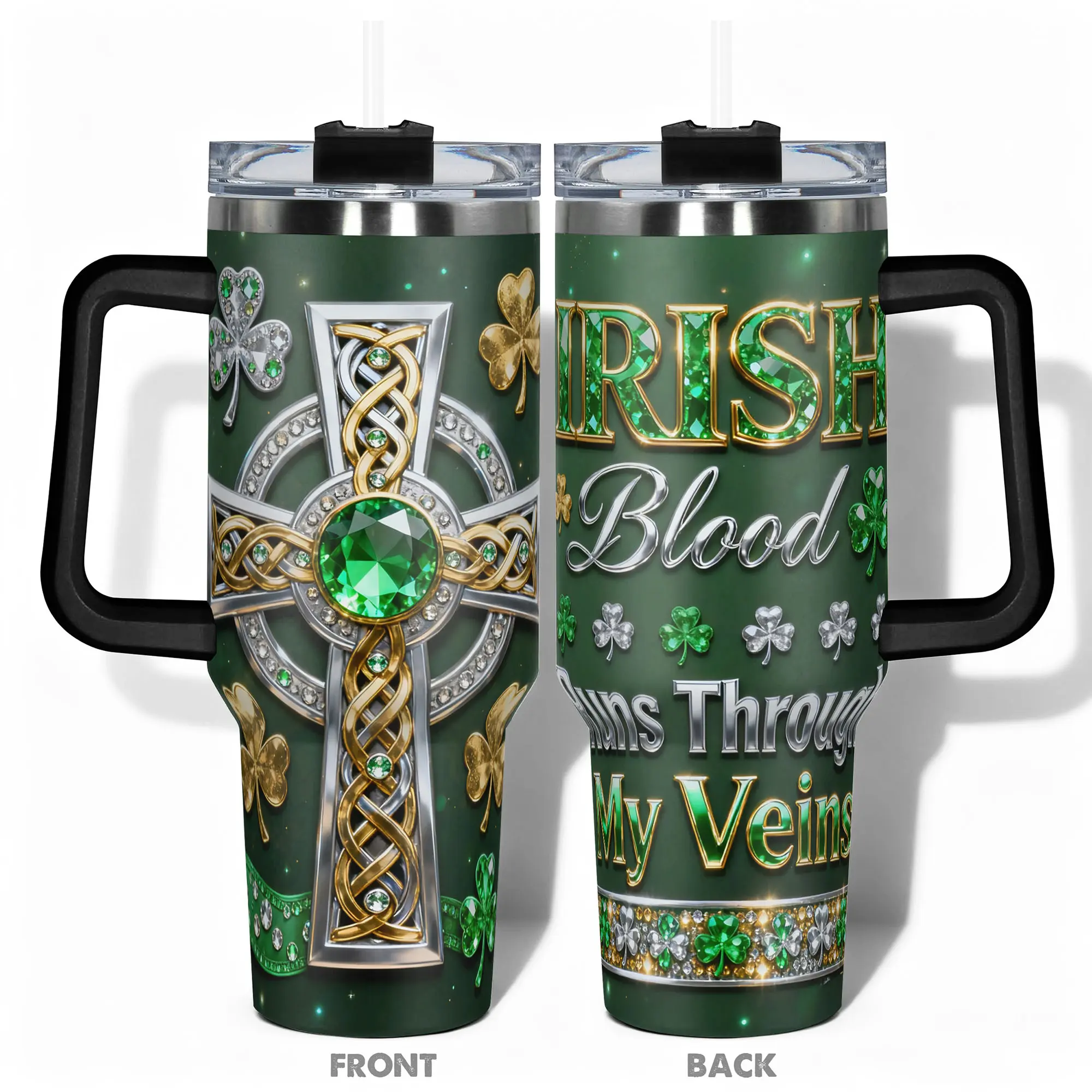 1pc Stainless Steel Cup 40oz/30oz/22oz/20oz/14oz Water Bottle,Funny Design With Celtic Knot Cross Shamrock Double-layer insulation Leakproof Large Capacity Insulated Tumbler, Needed for Gym, Hiking, Travel Ideal Birthday Christma