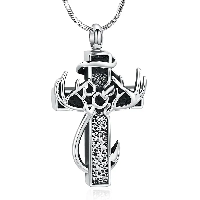Silver black deer antler cross pendant