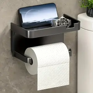 One-piece, 2-in-1 with Shelf Tissue Holder, Self-Adhesive Toilet Paper Holder, Bathroom Wall Mounted Toilet Paper Holder for bathrooms and kitchens, Bathroom Decoration Accessories