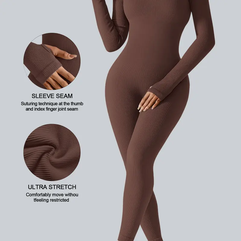 Women's Long Sleeve Sports Jumpsuit, Round Neck Jumpsuit, Fitness Yoga Jumpsuit, Workout Jumpsuits, Casual Comfy Breathable High Elasticity Jumpsuit for Yoga Gym Workout, Ladies Sportswear for All Seasons