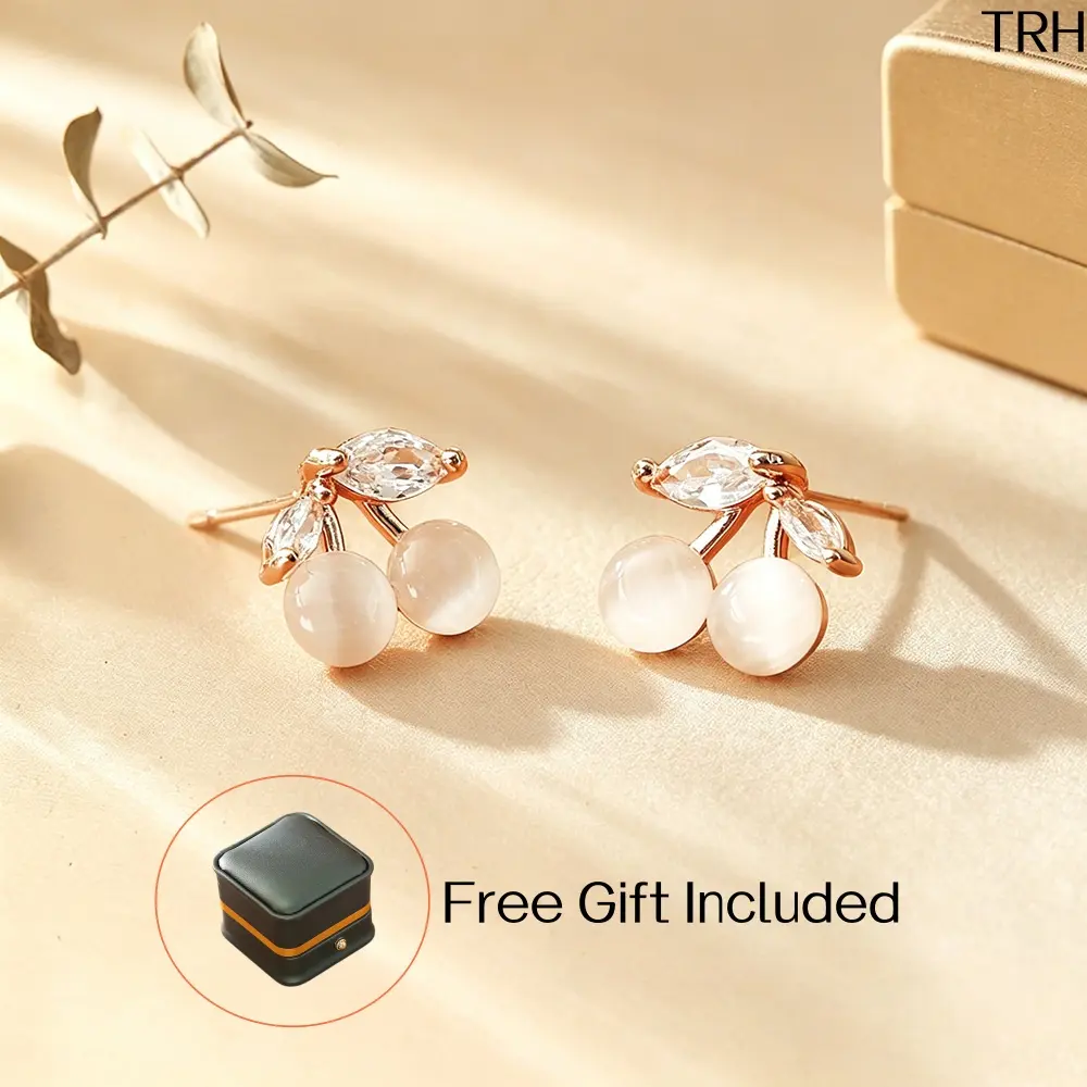 Cat’s Eye Cherry Stud Earrings, Rose Gold Zircon Cherry Dainty Earrings, Cute Fresh Spring Summer Jewelry, Minimalist Sweet Accessories for Daily Commute Dating