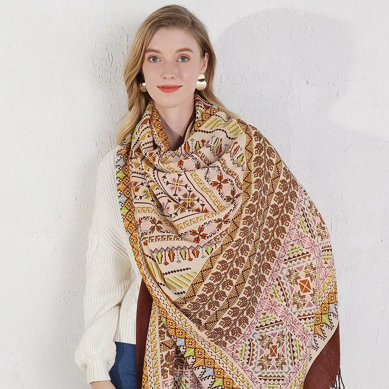 DANA XU 100% Merino Wool Extra Large Pashmina Blanket Travel chunky Scarf Soft Cashmere Shawl Women's Fall Winter Oversize Shawl Floral Ethnic Designs