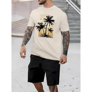 Two-Piece Set Men's Coconut Tree Graphic Crew Neck Tee & Drawstring Shorts Set, Loose Casual Round Neck Short Sleeve T-Shirt & Elastic Waist Pocket Shorts, Summer Men's Two-Piece Outfits