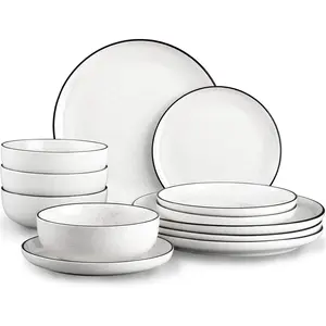 and Sets for 4,12 Pieces Dish set, White Dinnerware Set for, Sets with Black Rim, and Dishwasher Safe