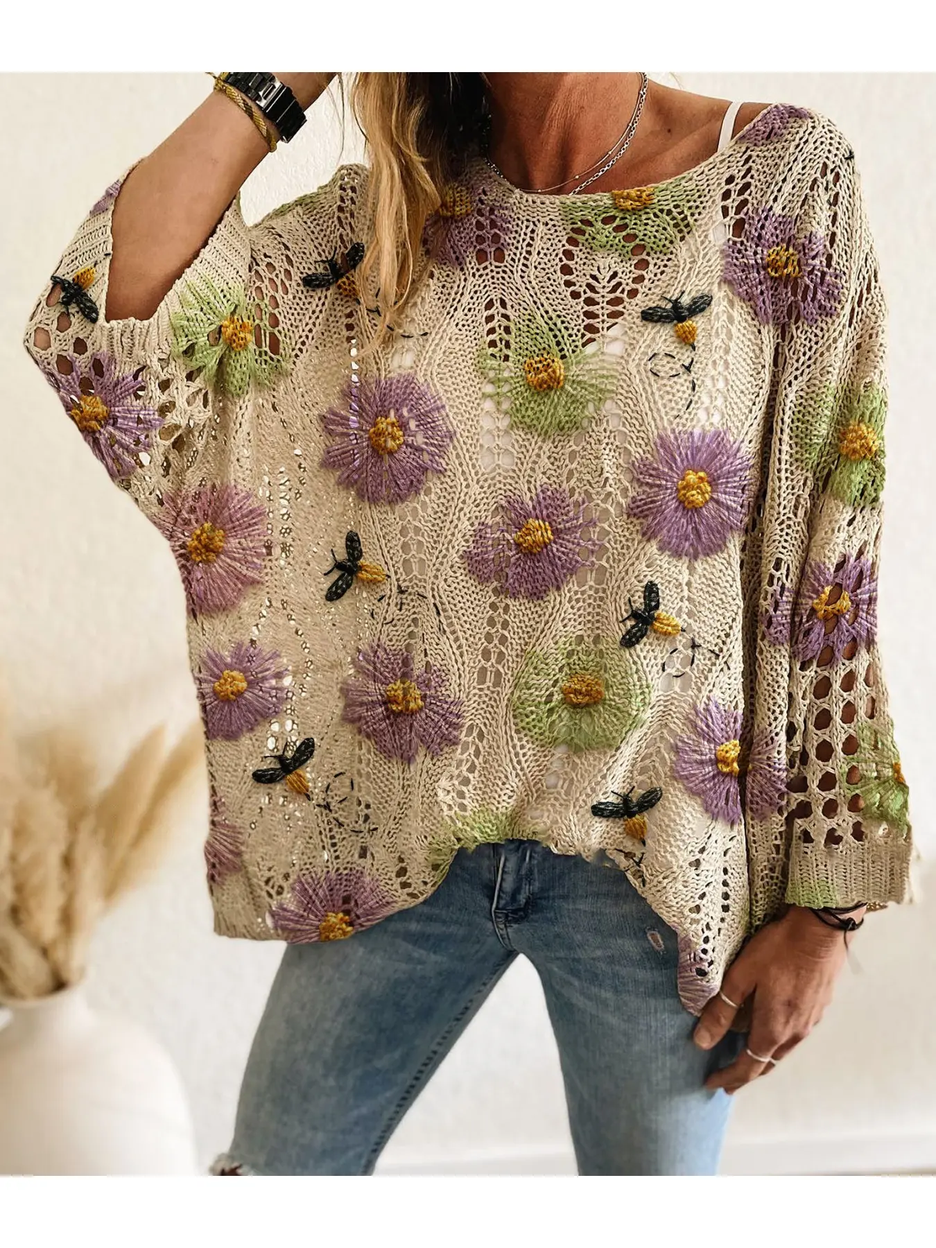 Spring/Summer style, boat neck, diamond hollow out, batwing drop shoulders, loose fit, Batwing sleeve oversized, color-block floral print, long-sleeve women's knit top, vacation style, casual commute, bikini cover-up, Fashion Knitwear, Womenswear
