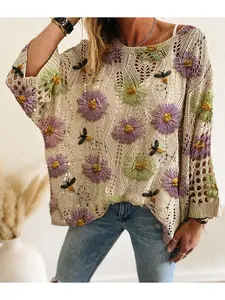 Spring/Summer style, boat neck, diamond hollow out, batwing drop shoulders, loose fit, color-block floral print, long-sleeve women's knit top, vacation style, casual elegant commute, ladies' vest cover-up, bikini cover-up, Fashion Knitwear, Womenswear