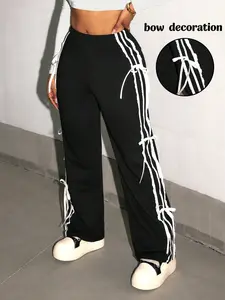 Women's Striped Bow Drawstring Flare Sport Pants, Casual Street Style, Fitted Design, Plain Pattern, Elegant Look