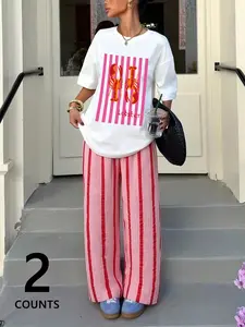 2Pcs Women's Lobster Print T-Shirt & Striped Pants Set, White Crew Neck Top & Pink-Red Stripe Casual Pants, Daily Summer Vacation Outfit