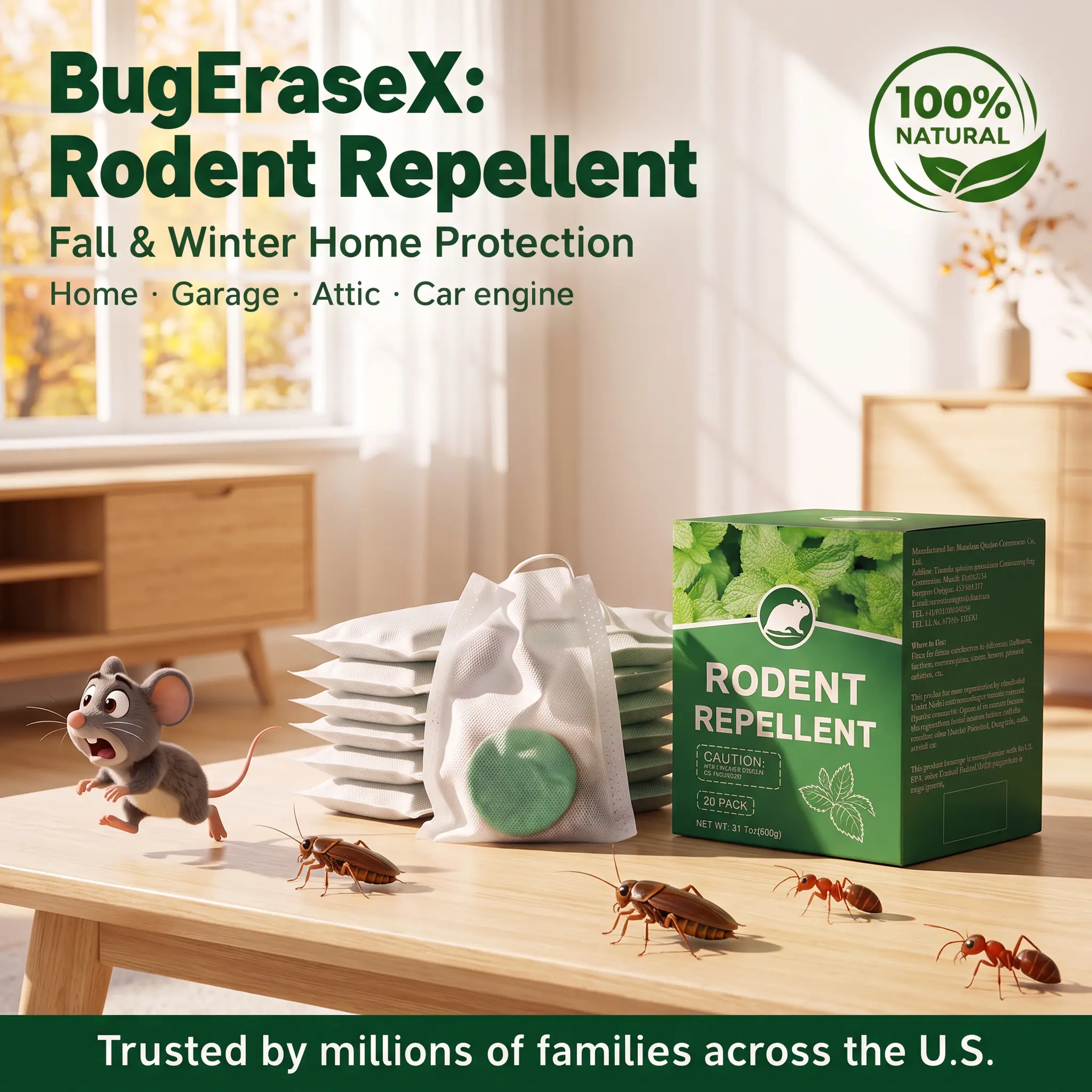 BugEraseX Rodent Repellent Balls,12-Pack Pesticide-Free Pest Deterrent,Fall & Winter Protcection for Attic/Storage/Basement/Garage,Pet & Kid-Safe,Long-Lasting Natural Peppermint Oil,Indoor & Outdoor Use