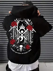 New Men's Homeewear Skull Rose Floral Graphic Print Hoodie, Spring Fall Loose Casual Long Sleeve Pullover with Pockets, Fashionable Daily Wear Top, Homewear, Menswear