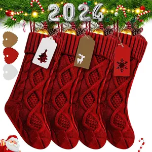 4 Pack RED Christmas Stockings Large Size Handmade 18 Inches Cable Knitted Stocking Gifts with 50 Personalizable Name Tags for Family Holiday Xmas Party Decor